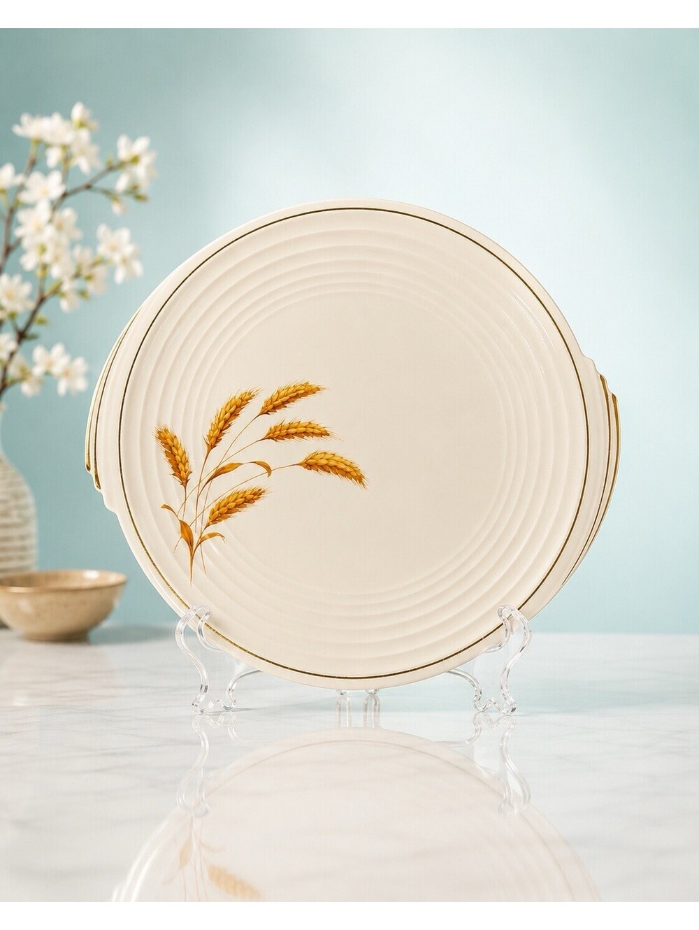 Edwin M Knowles 1930s Yorktown Cake Plate Golden Wheat Ceramic Cream, 11.5”